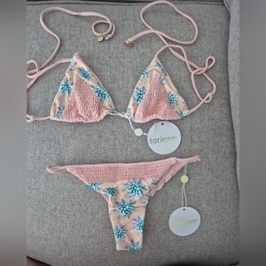Tori Praver Pink Floral Smocked Triangle Bikini Set 🌸